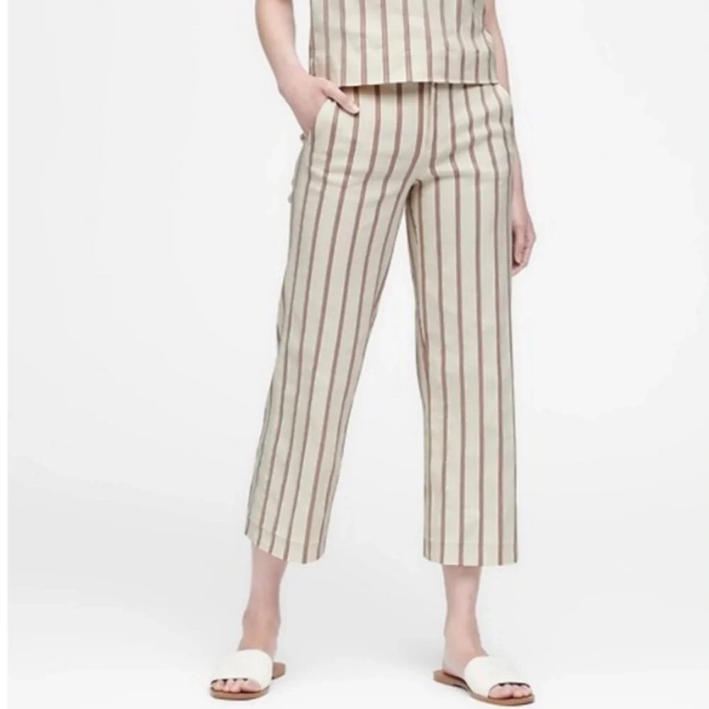 NWT Banana Republic High Rise Wide Leg Crop Pants Linen Blend White Red Stripe